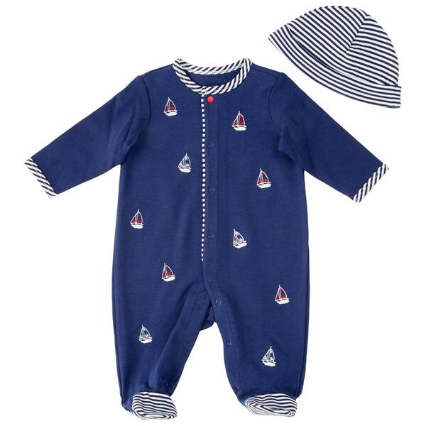 Baby Boy &#40;NB-9M&#41; Little Me Sailboats Footed Sleeper & Hat - image 