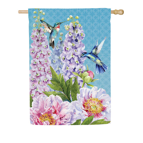 Evergreen Peonies and Hummingbirds Garden Flag - image 
