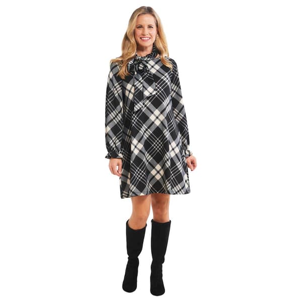 Womens Madison Leigh Long Sleeve Plaid Hacci Tie Neck Dress - image 