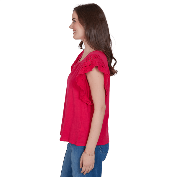 Womens Ruby Rd. Tropical Noir Crochet Cap Sleeve Blouse