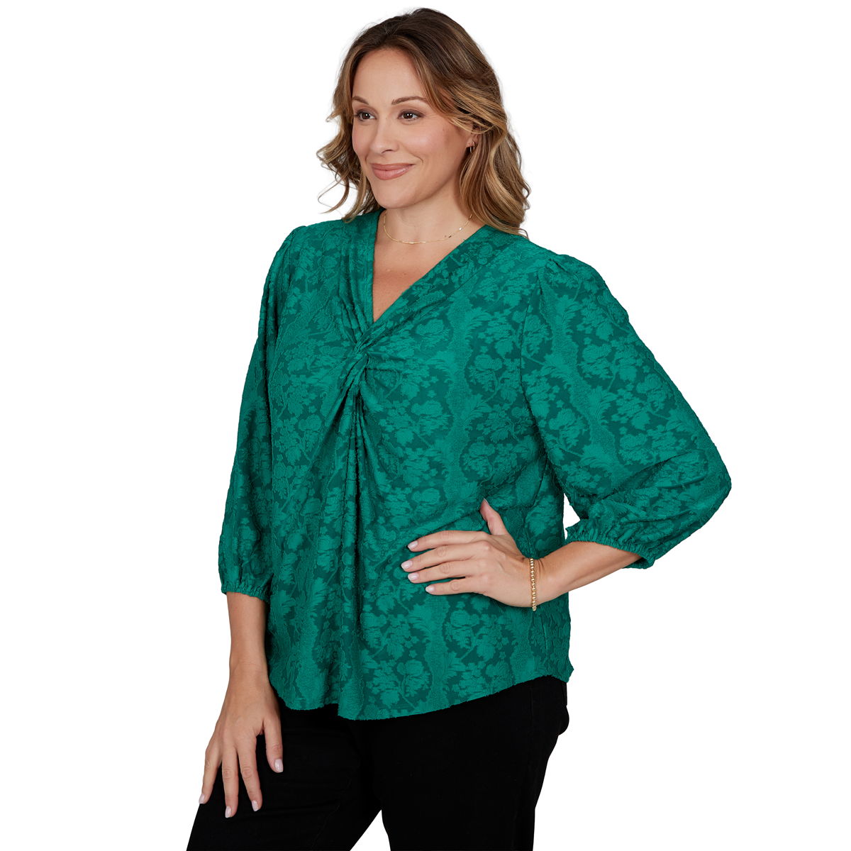 Plus Size Ruby Rd. Mysterious Romance Knot Front Floral Blouse