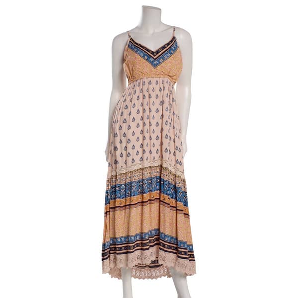 Juniors Angie Mix Print Crochet Trim Maxi Slip Dress