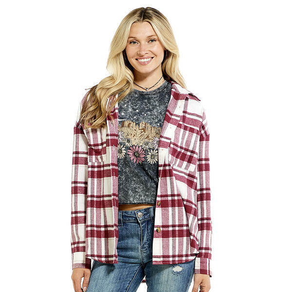 Juniors No Comment Plaid Oversized Shacket w/Pocket - image 