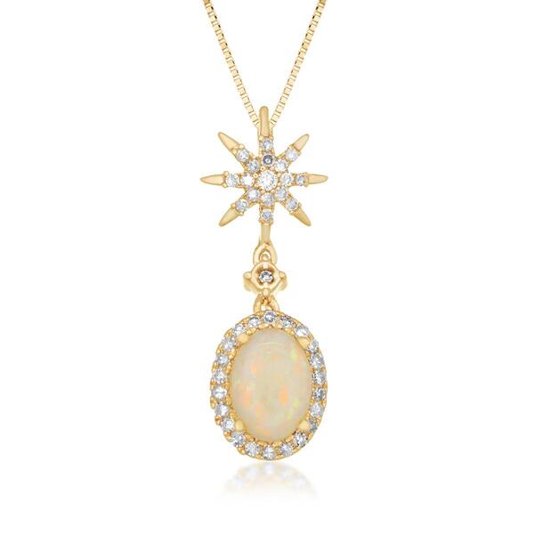 Genuine Opal Oval 0.15 ctw. Diamond 10kt. Gold Necklace - image 