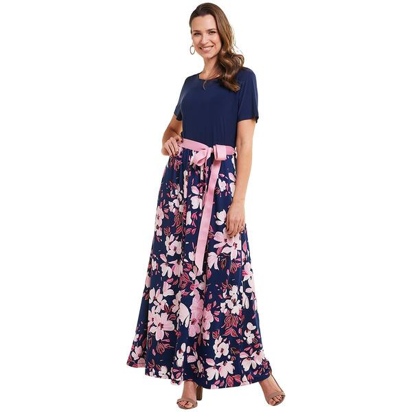 Plus Size Ellen Weaver Solid/Floral Maxi Dress-Navy/Fuchsia - image 