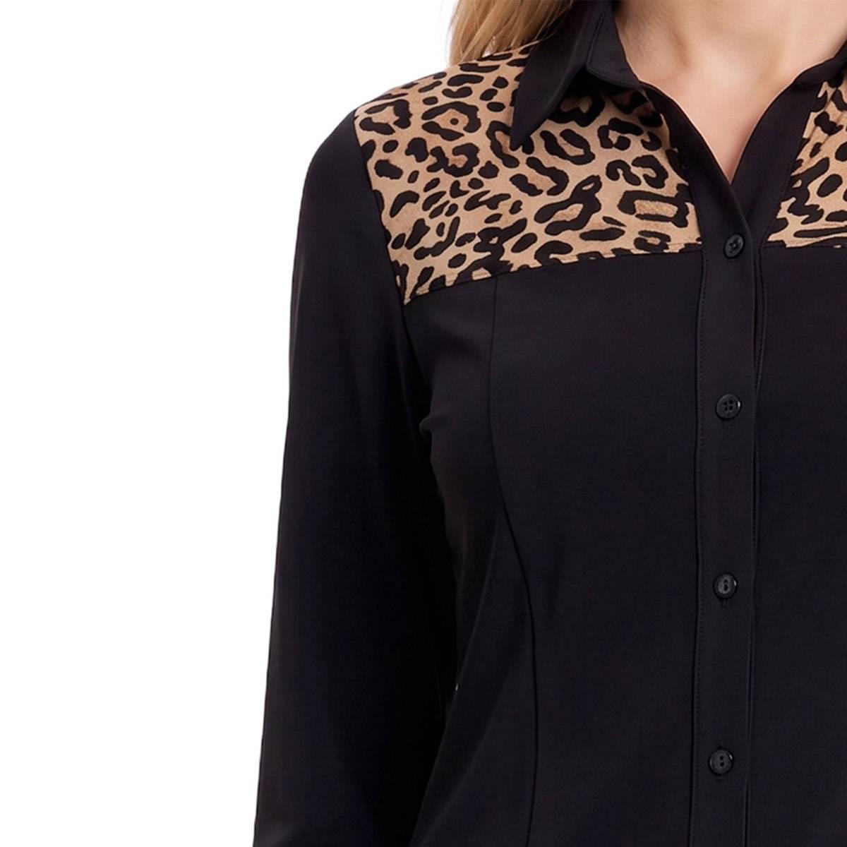 Womens NY Collection Long Sleeve Leopard Button Front Blouse
