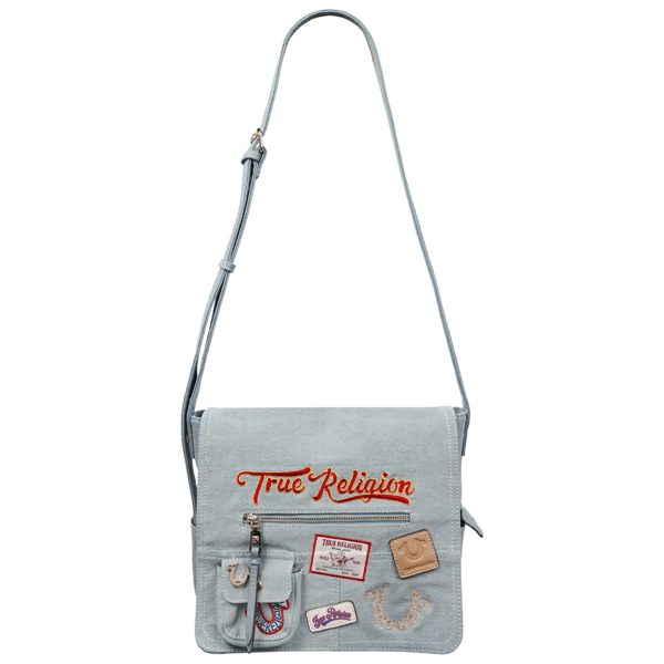 True Religion Multi Patch Denim Messenger Bag
