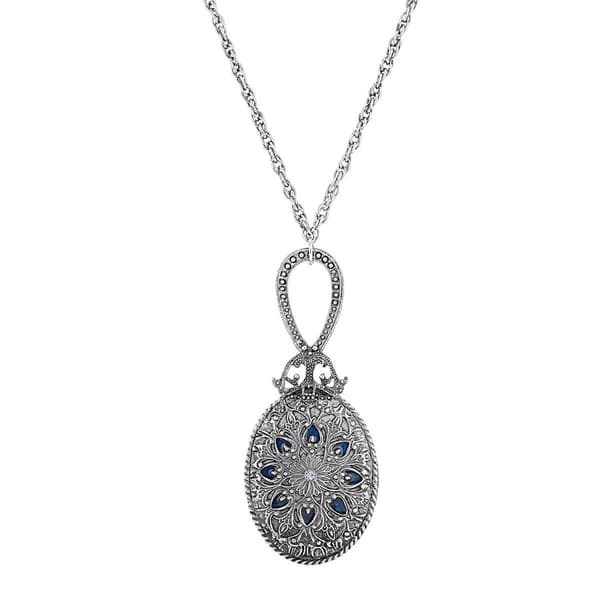 1928 Silver Tone Blue Enamel & Sapphire Necklace w/ Mirror - image 