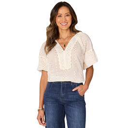 Petite Democracy Bubble Sleeve Spliced V-Neck Embroidered Top