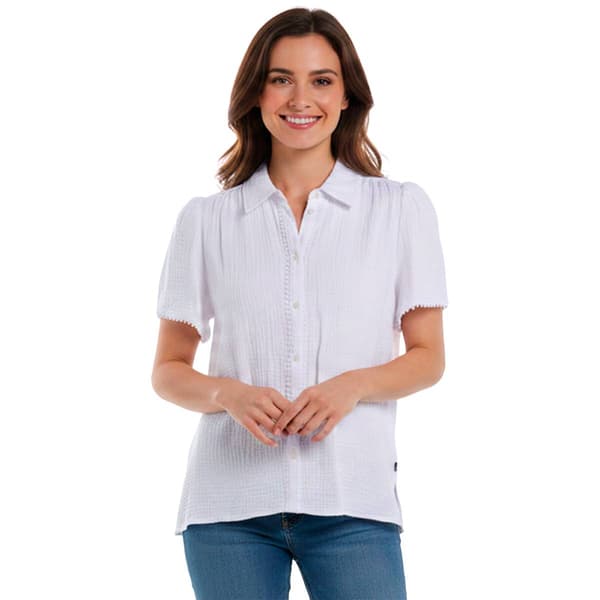 Womens Nautica Short Puff Sleeve Shirt Bobble Trim Blouse - image 