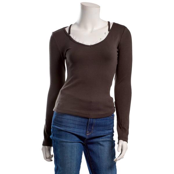 Juniors Hunter & Brown Long Sleeve Lace Trim Top - image 