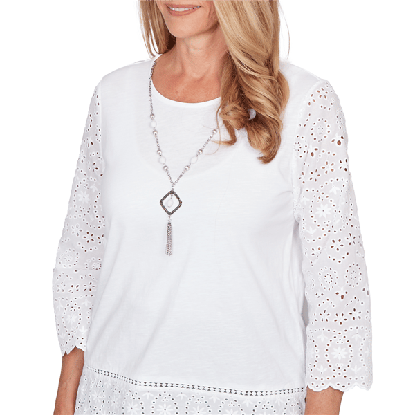 Womens Alfred Dunner St. Augustine Eyelet Trim Blouse w/ Necklace