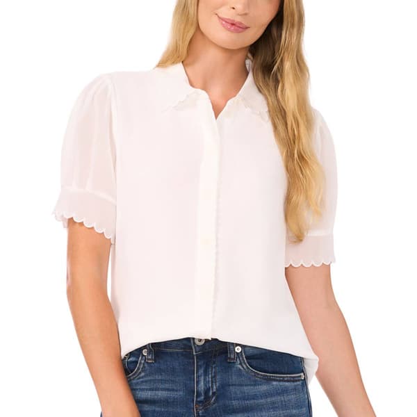 Womens Cece Puff Crochet Sleeve Scallop Edges Button Down