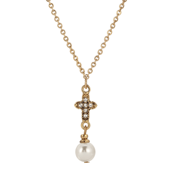 Symbols of Faith Gold-Tone Crystal Cross w/ Pearl Necklace - image 