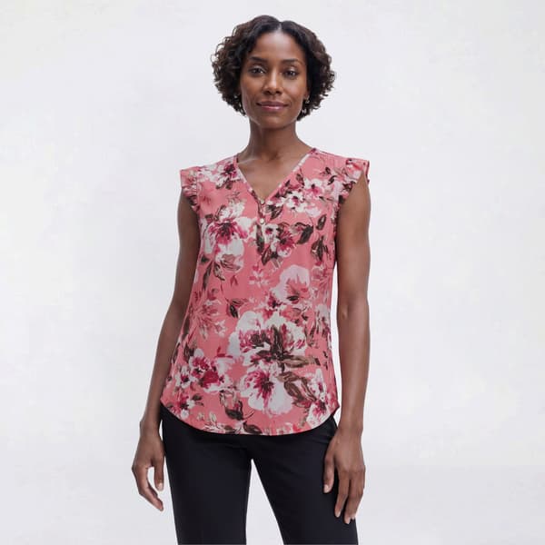 Petite Anne Klein Short Flutter Sleeve Floral Henley Blouse - image 