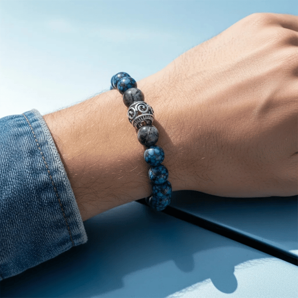 Mens Iron Saints Blue & Black Bead Charm Bracelet