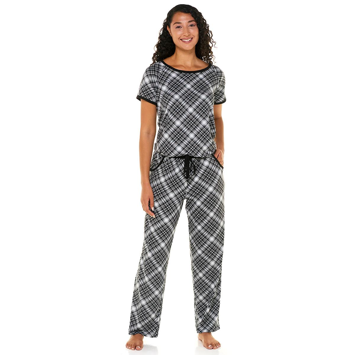 Juniors Pillow Talk Short Sleeve Plaid Long Leg Pajama Set