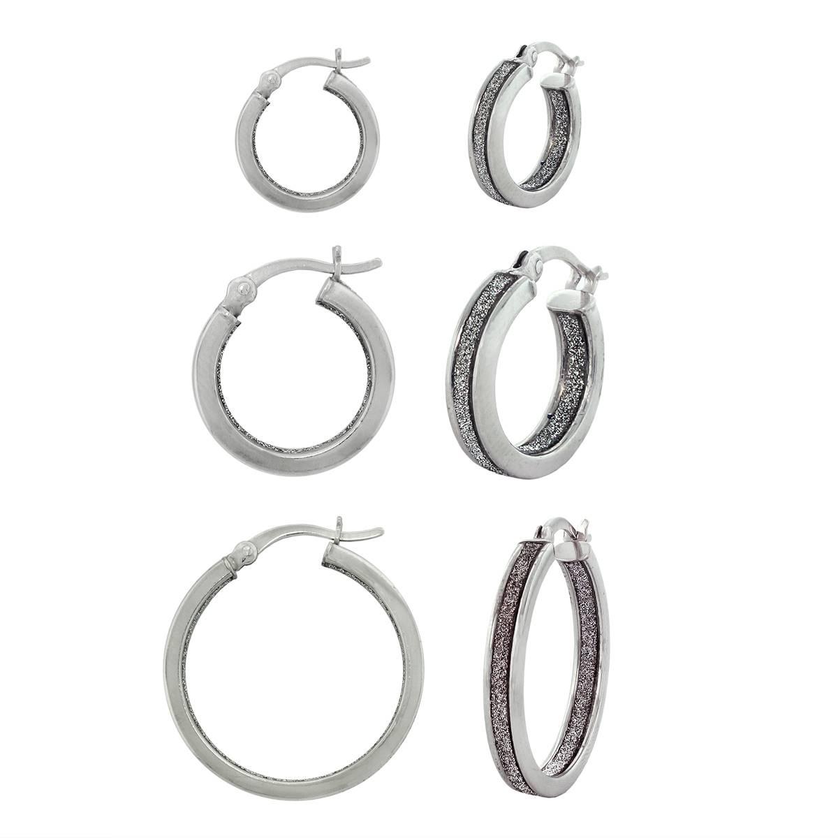 Forever New 3pr. Sterling Silver Glitter Hoop Earrings Set