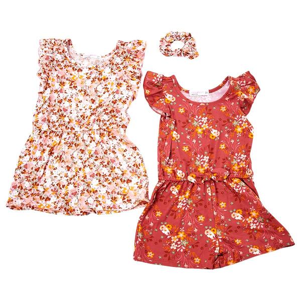 Toddler Girl Young Hearts 2pk. Floral Rompers w/ Scrunchie - image 
