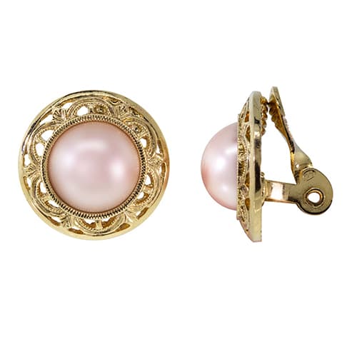 1928 Gold-Tone Faux Pearl Round Button Clip On Earrings - image 