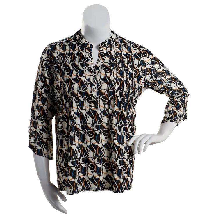Plus Size Notations 3/4 Sleeve Jacquard Henley Blouse-Black/Blue