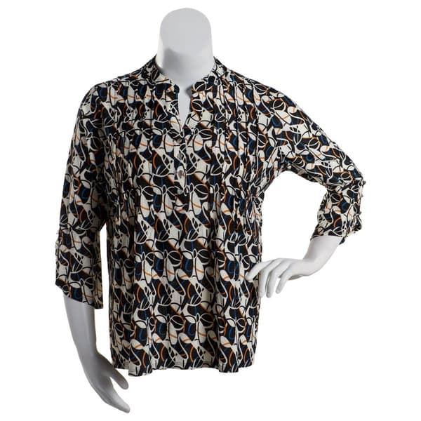 Plus Size Notations 3/4 Sleeve Jacquard Henley Blouse-Black/Blue - image 