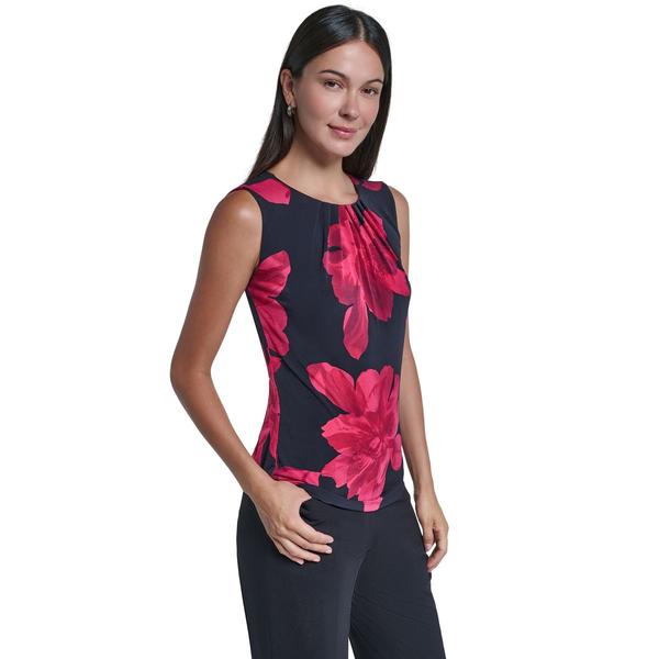 Womens Calvin Klein Sleeveless Pleat Neck Floral Blouse