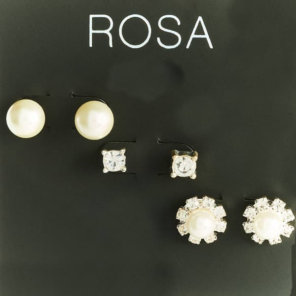 Rosa Rhinestones Silver-Tone CZ Crystal Pearl Trio Earrings - image 