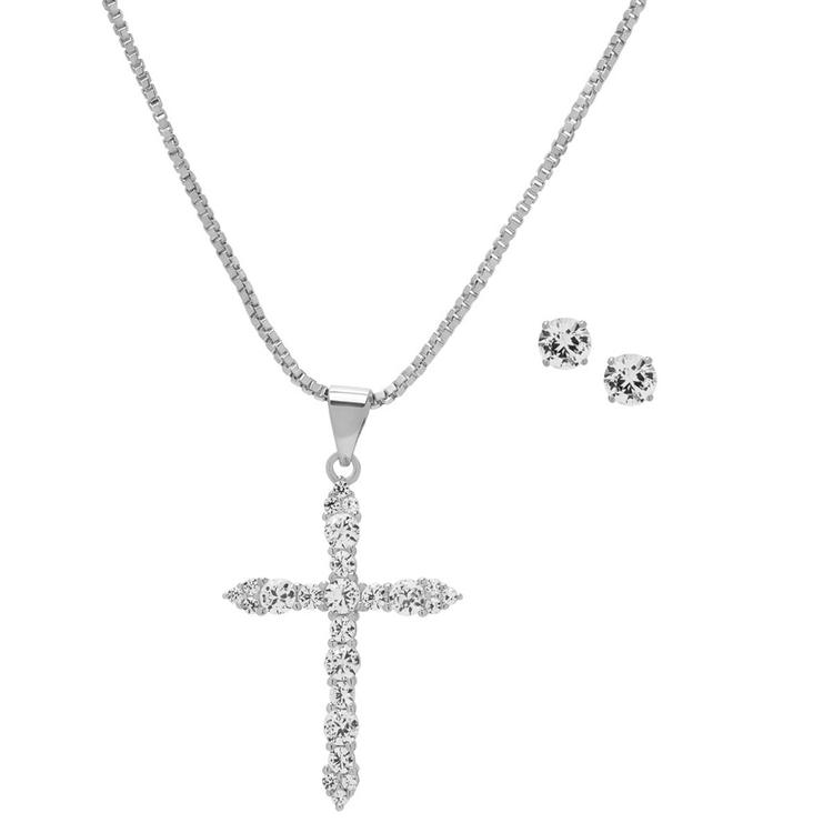 Gianni Argento Lab White Sapphire Cross Necklace & Earrings Set