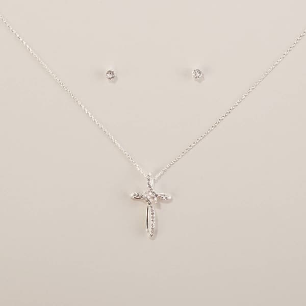 Design Collection Silver-Tone CZ Cross Pendant & Earrings Set - image 
