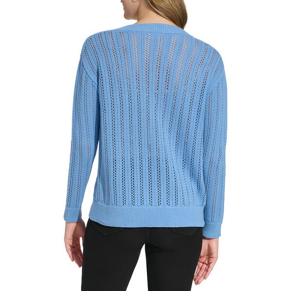 Womens Calvin Klein Long Sleeve V-Neck Open Stitch Stripe Sweater