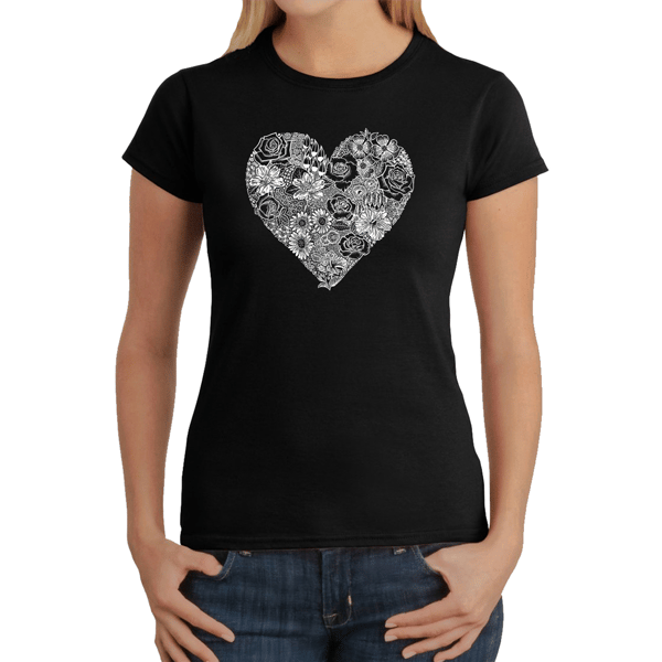 Womens LA Pop Art Heart Flowers Word Art T-Shirt - image 