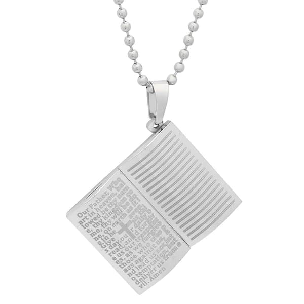 Mens Steeltime Lords Prayer Stainless Bible Pendant Necklace - image 