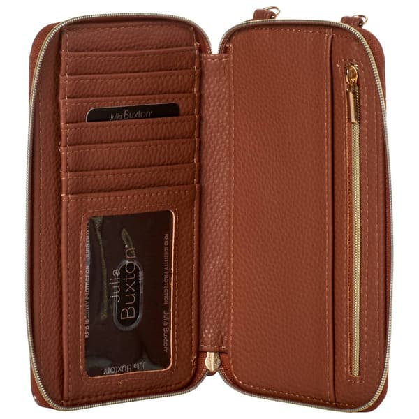 Womens Buxton Everywhere Signature Mocha Flower Crossbody Wallet