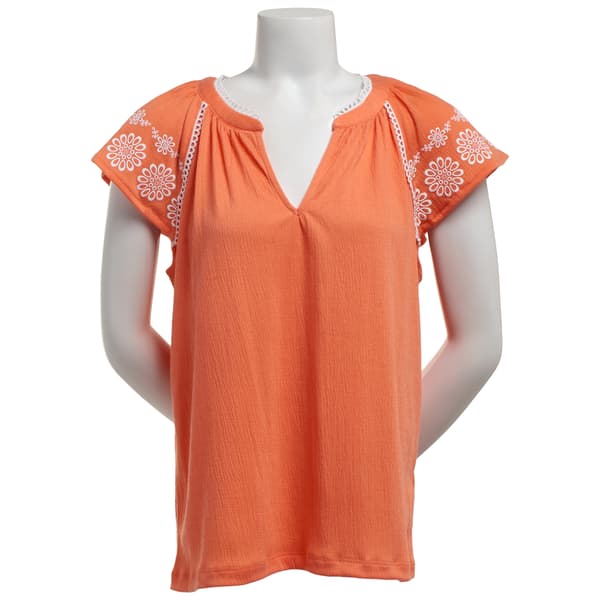 Womens BB Dakota Short Flutter Sleeve Floral Embroidery Blouse - image 
