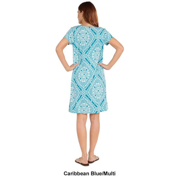 Petite Ruby Rd. Short Sleeve Split Neck Medallion Shift Dress