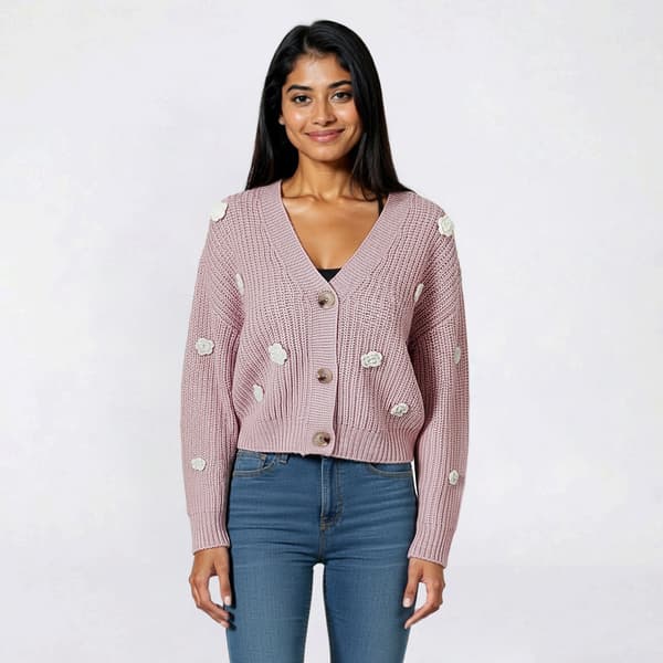 Juniors No Comment Moss Rib V-Neck Cardigan with 3D Knit Flowers