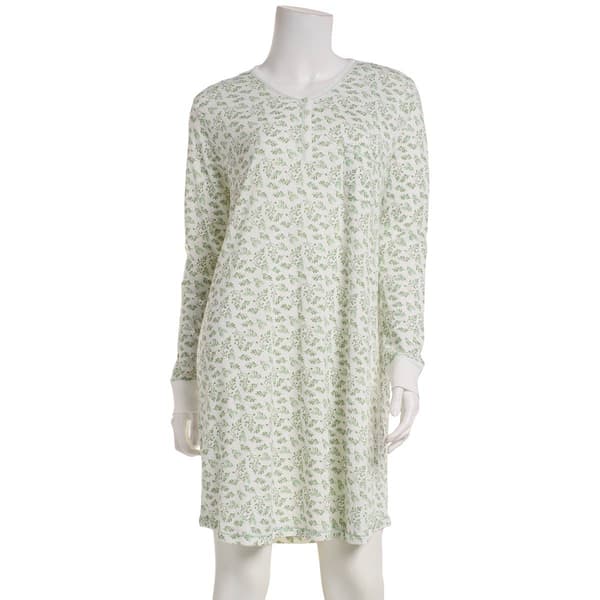 Womens Poppy & Clay Long Sleeve Floral Nightshirt -Ivory/Green - image 