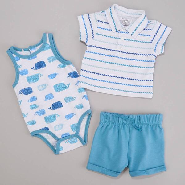 Baby Boy &#40;NB-9M&#41; Quiltex 3pc. Watercolor Whale Shorts Set - image 