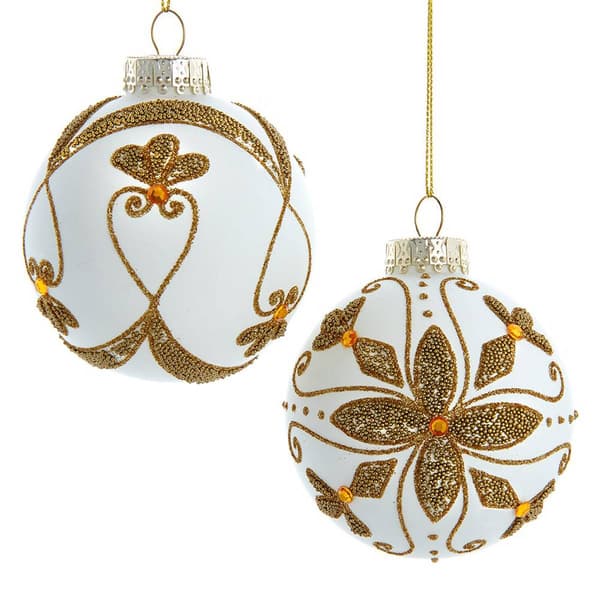 Kurt Adler 80mm White Balls w/ Gold Beads 6pc. Set