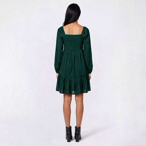 Juniors Jolt Long Sleeve Jacquard Trim Smock Bodice A-Line Dress