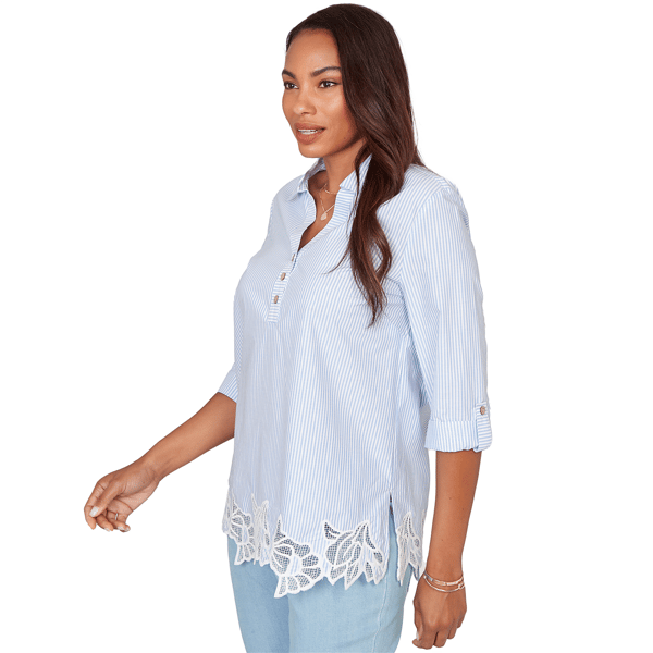 Womens Ruby Rd. French Riviera Coastal Stripe Lace Hem Blouse