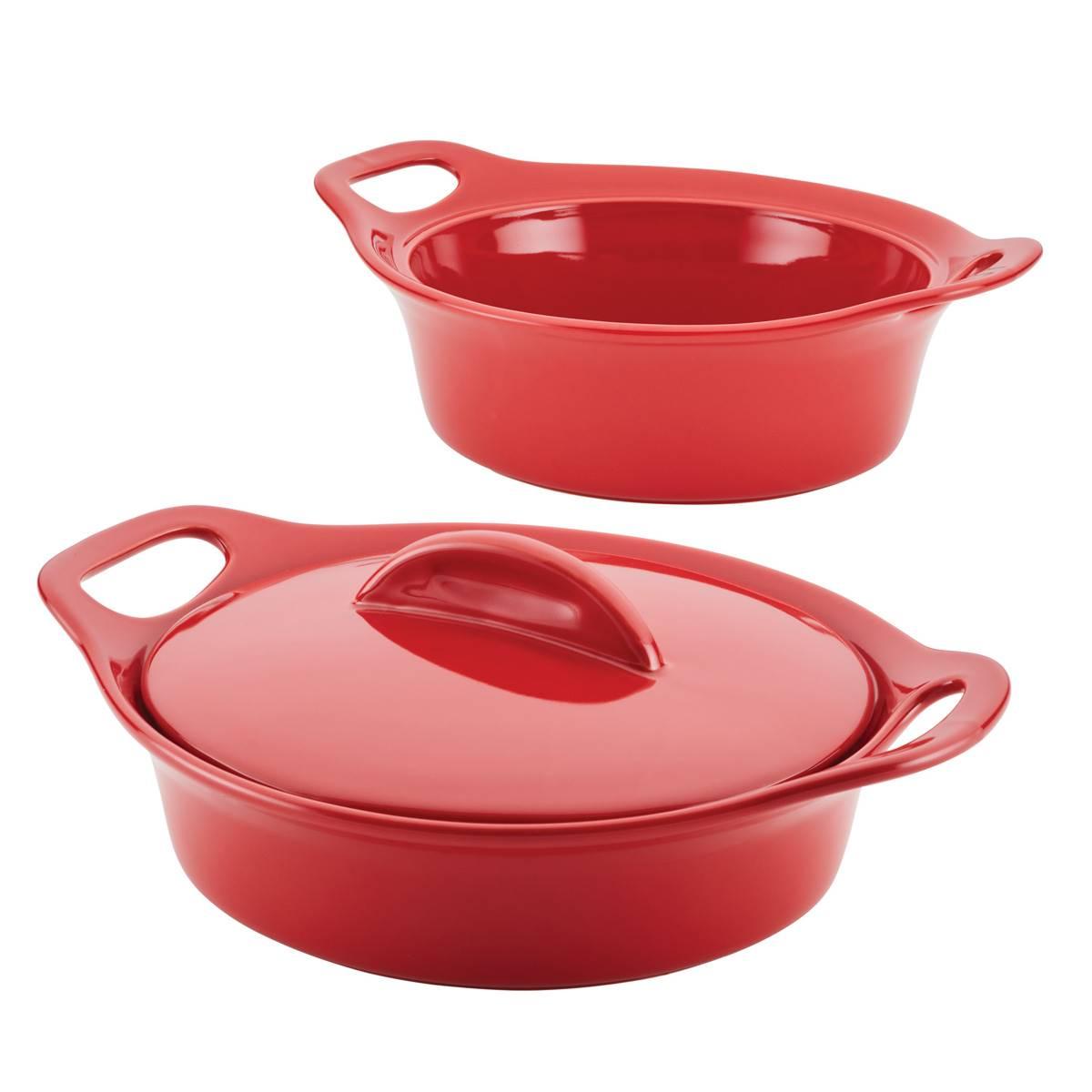 Rachael Ray 3pc. Ceramic Casserole Bakers w/Shared Lid Set - Red