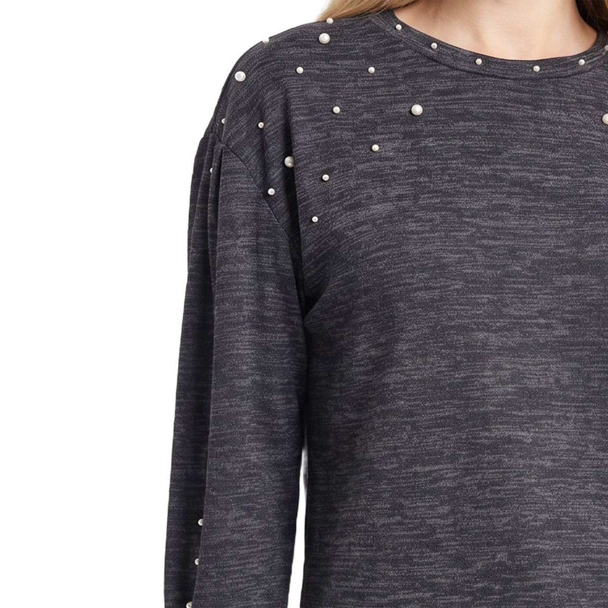 Womens NY Collection Long Sleeve Pearl Embellished Blouse