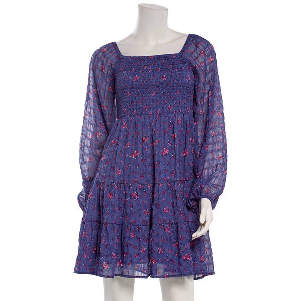 Juniors Jolt Long Sleeve Floral Pucker Chiffon Skater Dress - image 