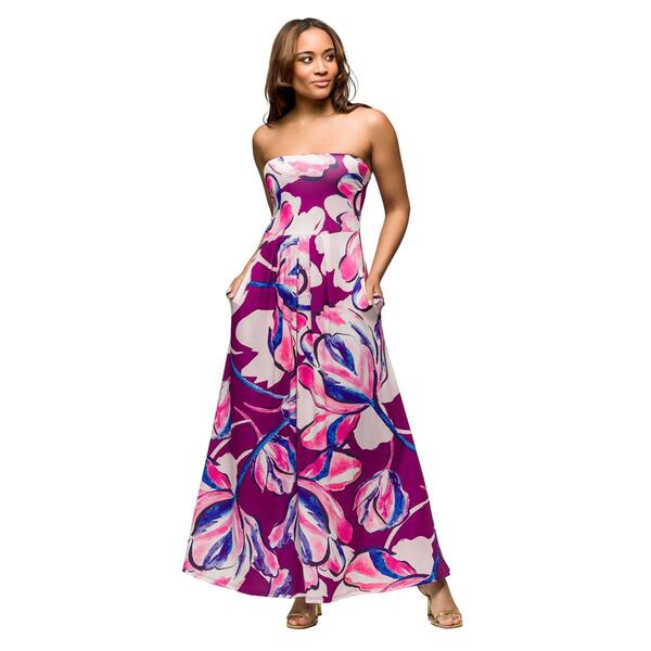 Womens 24/7 Comfort Apparel Purple Floral Strapless Maxi Dress - image 