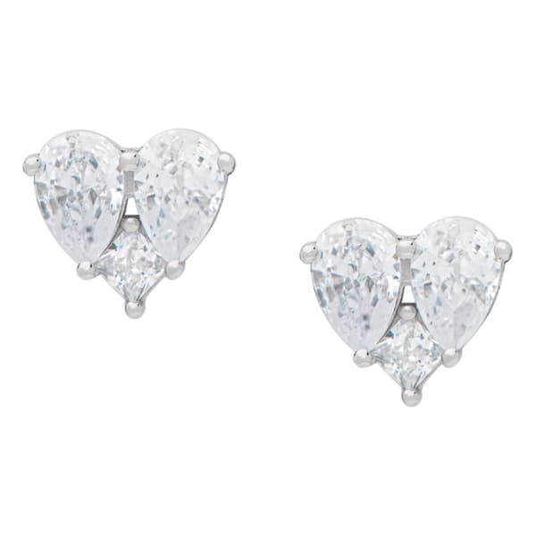 Sterling Silver CZ Triple Stone Heart Stud Earrings - image 
