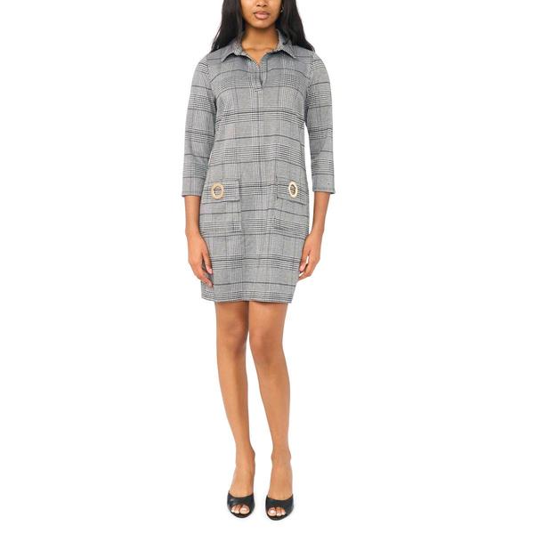 Womens MSK 3/4 Sleeve Plaid Grommet Pocket Shift Dress