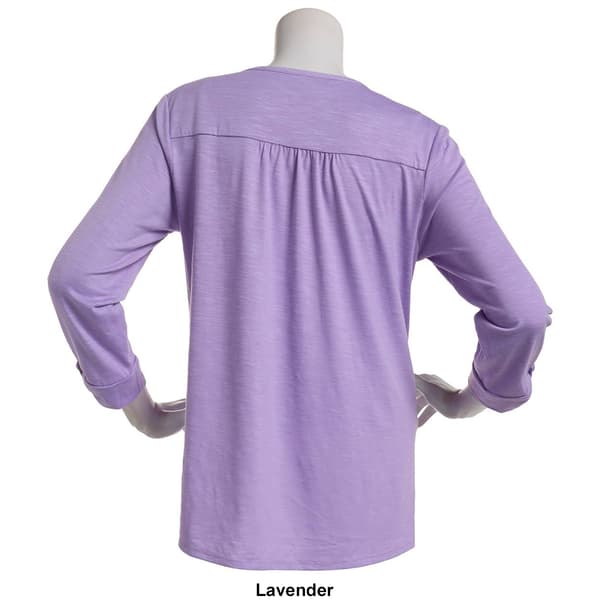 Womens Kasper Solid 3/4 Tab Sleeve V-Neck Henley Tee