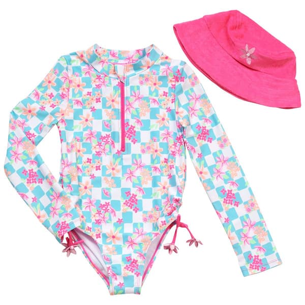 Girls (7-12) Betsey Johnson Floral Check Rashguard with Hat - image 